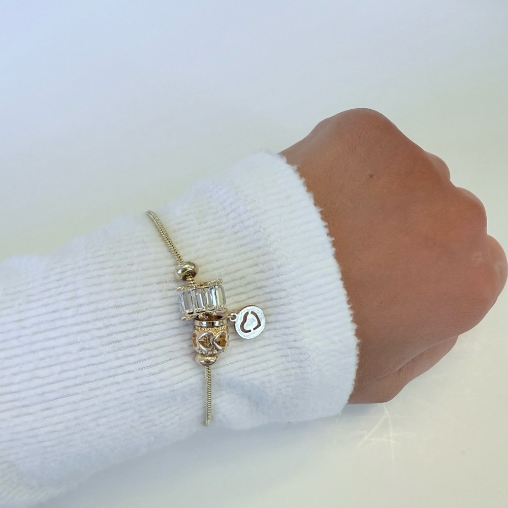 Gold Charm Bead Bracelet with Adjustable Slider | Heart & Crystal Accents